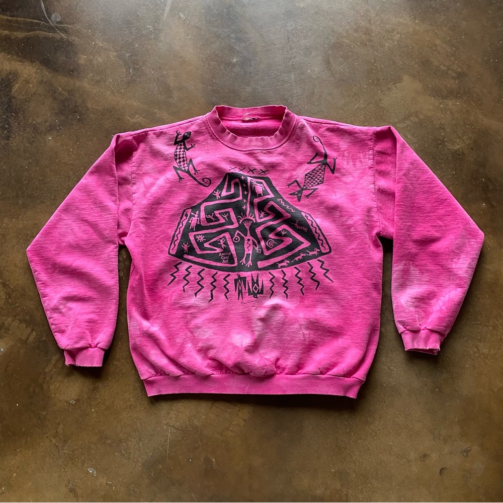 VTG 90s Dagoli Pink Ancient Cave Art Tie Dye All Over Print Baggy Crewneck